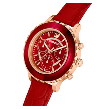Octea Lux Chrono watch, Leather Strap, Red, Rose gold-tone finish - Swarovski, 5646975