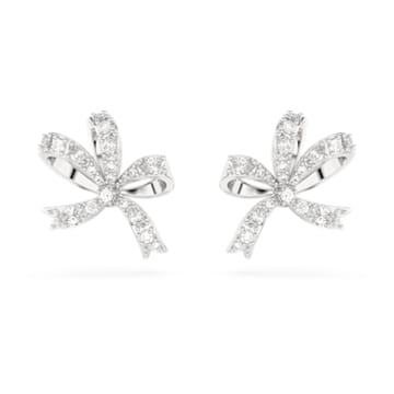 Volta stud earrings, Bow, Small, White, Rhodium plated