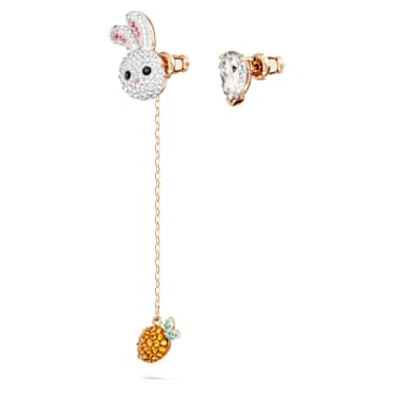 Zodiac Rabbit drop earrings, Asymmetrical design, Rabbit and carrot, Long, Multicolored, Rose gold-tone plated - Swarovski, 5647972
