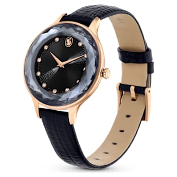 Zegarek Octea Nova, Swiss Made, Skórzany pasek, Czarny, Powłoka w odcieniu różowego złota - Swarovski, 5650033