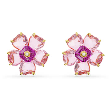 Idyllia stud earrings, Flower, Pink, 18K gold finish | Swarovski