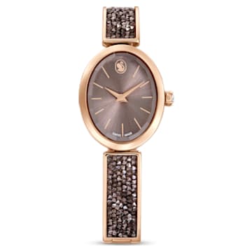 Crystal Rock Oval watch, Swiss Made, Metal bracelet, Gray, Rose gold-tone finish by SWAROVSKI