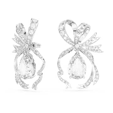 Cercei cu drop Volta, Tăietură în formă de pară, Fundă, Albi, Placat cu rodiu - Swarovski, 5657992