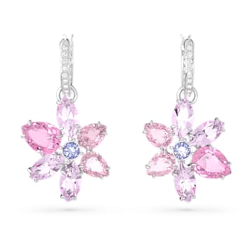 Gema drop earrings, Mixed cuts, Flower, Pink, Rhodium plated - Swarovski, 5658397