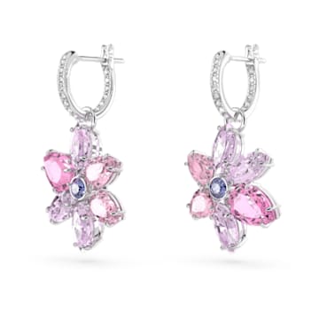 Gema drop earrings, Mixed cuts, Flower, Pink, Rhodium plated - Swarovski, 5658397
