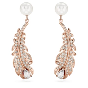 Idyllia ドロップピアス, クリスタル・パール, ミックスカット, フェザー, ホワイト, ローズゴールドトーン・プレーティング |  Swarovski