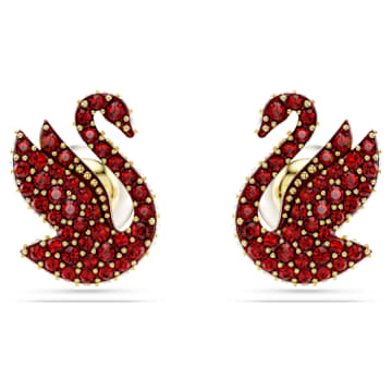 Swan stud earrings, Crystal pearl, Swan, Red, Gold-tone