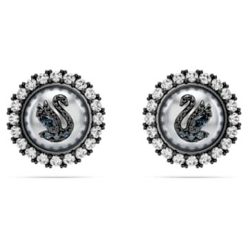Swan stud earrings, Crystal pearl, Swan, Gray, Ruthenium plated