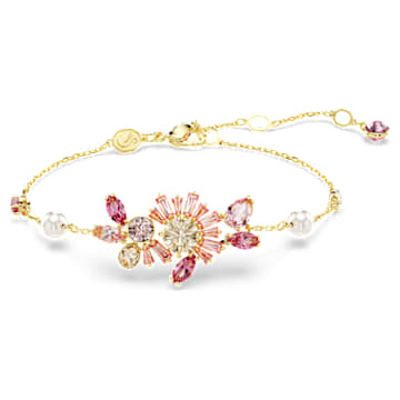 Bracelet Gema, Perle de cristal, Tailles variées, Fleur, Rose, Placage de ton or