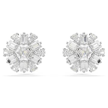 Idyllia stud earrings, Mixed cuts, Snowflake, White, Rhodium