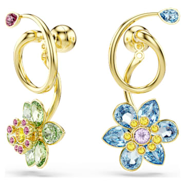 Idyllia drop earrings, Asymmetrical design, Mixed cuts, Flower, Multicoloured, Gold-tone plated