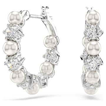 Matrix hoop earrings, Crystal pearl, Round cut, White