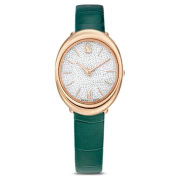 Imber oval watch, Swiss Made, Leather strap, Green, Rose gold-tone