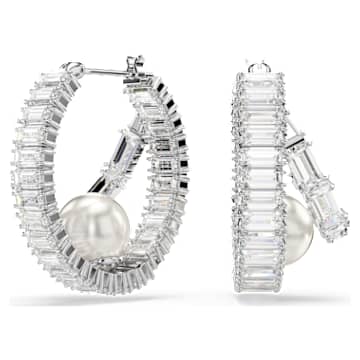 Anneaux d'oreilles Ariana Grande x Swarovski, Crystal Pearl, Taille baguette, Blanches, Métal rhodié