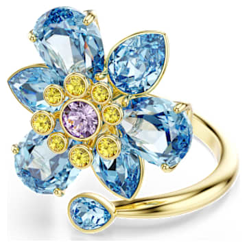 Idyllia open ring, Mixed cuts, Flower, Blue, Gold-tone plated