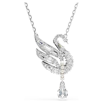 Swan pendant, Swan, White, Rhodium plated