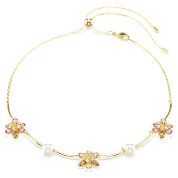 Collier Idyllia, Perle de cristal, Tailles variées, Fleur, Multicolore, Placage de ton or