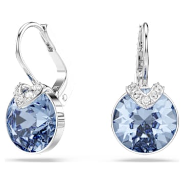 Bella V drop earrings, Round cut, Blue, Rhodium plated
