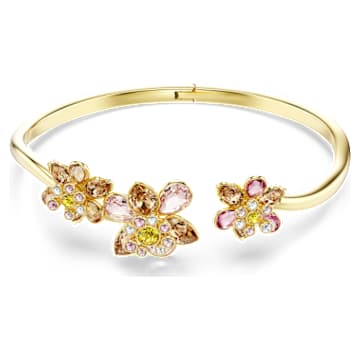 Idyllia bangle, Mixed cuts, Flower, Multicoloured, Gold-tone plated