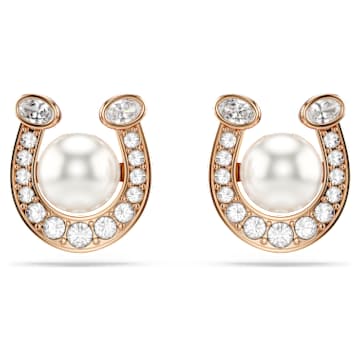 Symbolica stud earrings, Crystal pearl, Pavé, Horse shoe, White, Rose gold-tone plated
