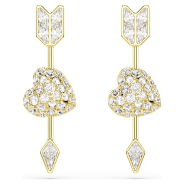Idyllia drop earrings, Mixed cuts, Heart with arrow, White, Gold-tone plated
