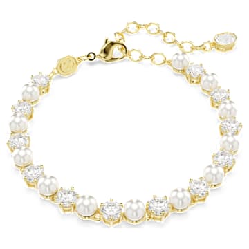 Matrix Tennis bracelet, Crystal pearl, Round cut, White, Gold-tone plated