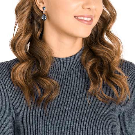 Vintage Drop Pierced Earrings, Teal, Rhodium plated - Swarovski, 5424362