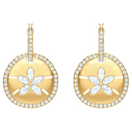 Ocean Sand Coin Pierced Earrings, White, Gold-tone plated - Swarovski, 5480783