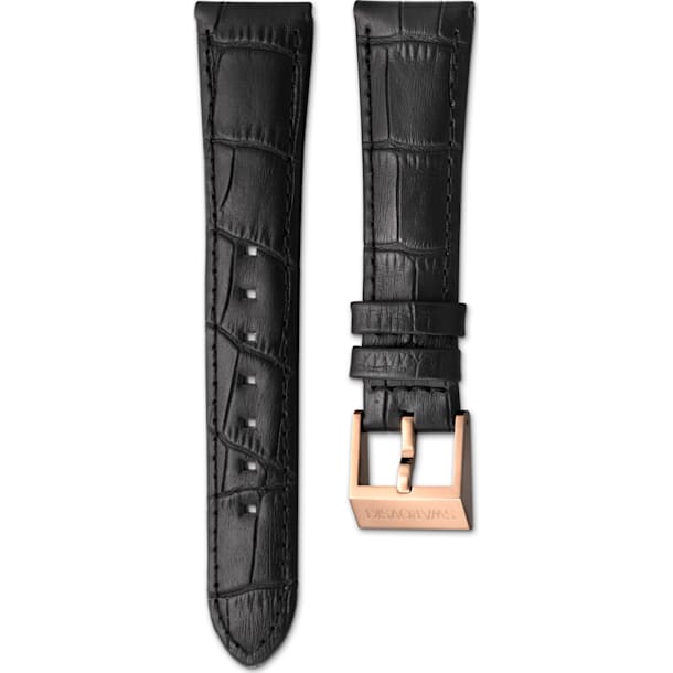 18mm Watch strap, Leather with stitching, Black, Rose-gold tone plated - Swarovski, 5222596