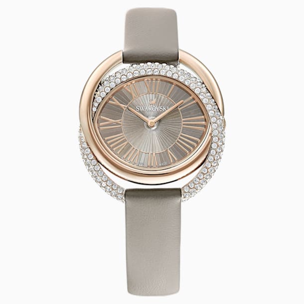 Duo 腕表, 真皮表带, 灰色, 香槟金色调 PVD - Swarovski, 5484382