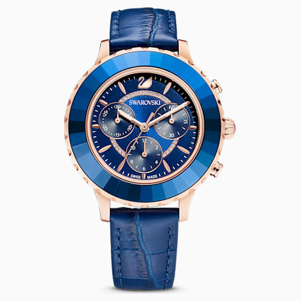 스와로브스키 옥테아 럭스 크로노 시계 - 블루 Swarovski Octea Lux Chrono Watch, Leather strap, Rose-gold tone PVD