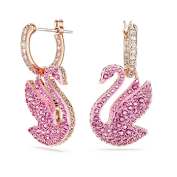 스와로브스키 Swarovski Iconic Swan drop earrings, Swan, Pink, Rose gold-tone plated