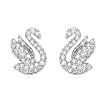 스와로브스키 Swarovski Iconic Swan stud earrings, Swan, White, Rhodium plated