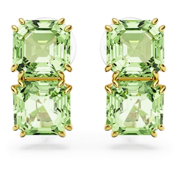 스와로브스키 Swarovski Millenia clip earrings, Square cut, Green, Gold-tone plated