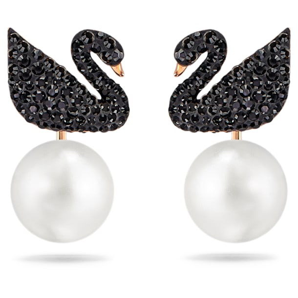 Boucles d’oreilles transformables Swarovski Iconic Swan, Cygne, Noir, Placage de ton or rosé - Swarovski, 5193949