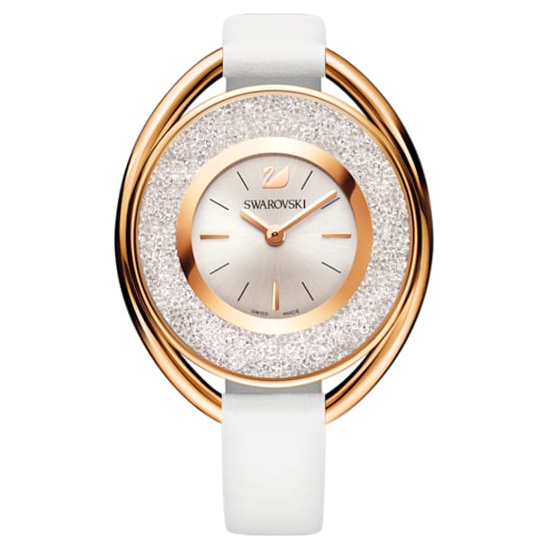 Crystalline Oval Watch, Leather strap, White, Rose-gold tone PVD - Swarovski, 5230946