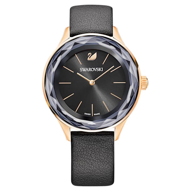 Octea Nova watch, Leather strap, Black, Rose-gold tone PVD - Swarovski, 5295358