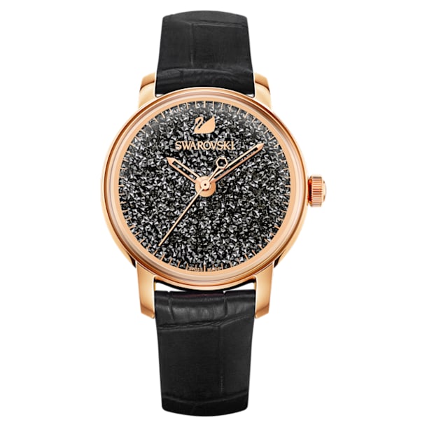 Crystalline Hours watch, Leather strap, Black, Rose gold-tone finish - Swarovski, 5295377