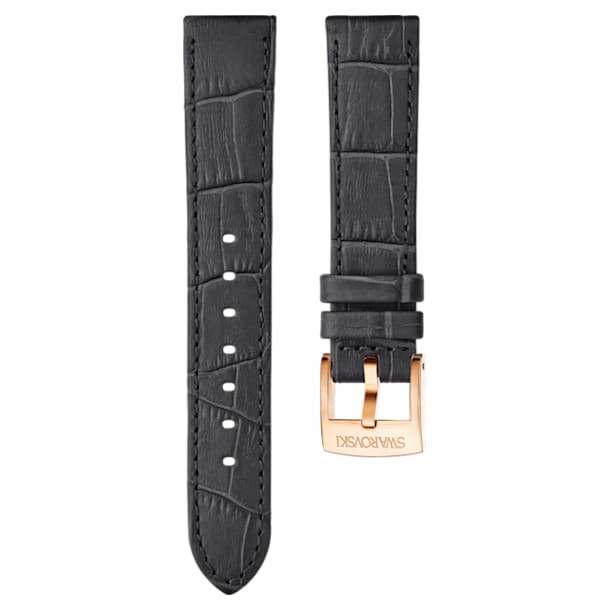 18mm Watch strap, Leather with stitching, Dark grey, Rose-gold tone plated - Swarovski, 5302460