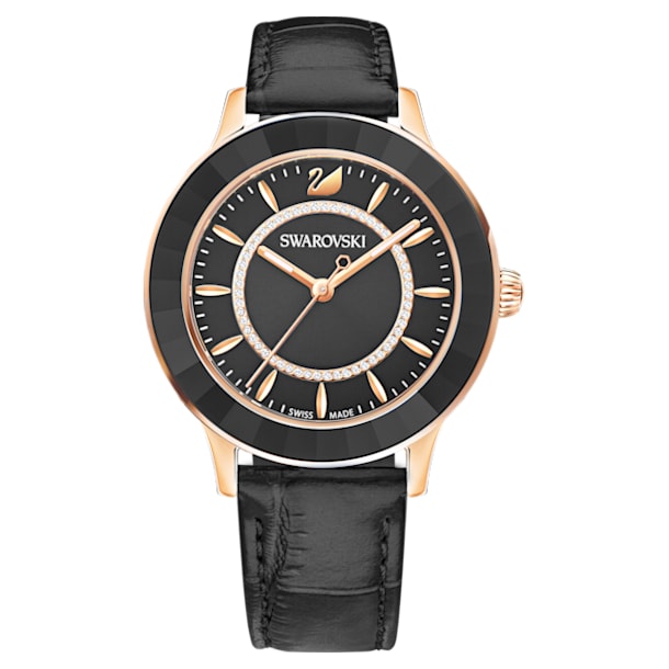 Octea Lux 手錶, 真皮表带, 黑色, 玫瑰金色调润饰 - Swarovski, 5414410