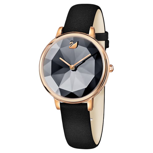 Crystal Lake watch, Leather strap, Black, Rose gold-tone finish - Swarovski, 5416009