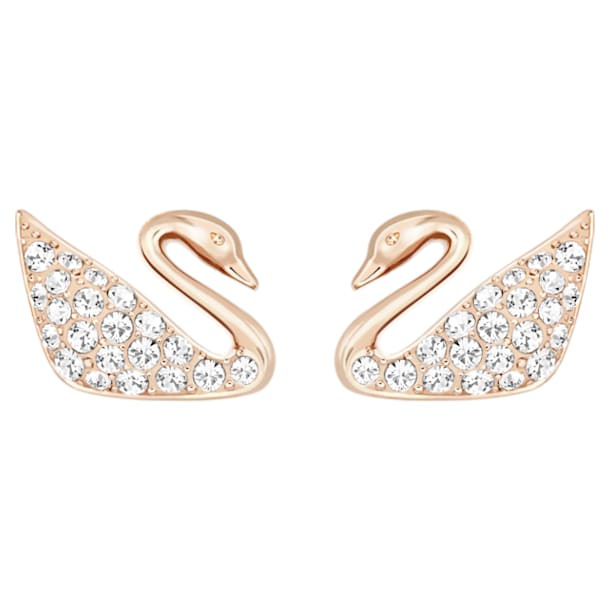 Swan Pierced Earrings, White, Rose-gold tone plated - Swarovski, 5450929