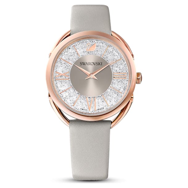 Crystalline Glam Часы, Кожаный ремешок, Серый кристалл, PVD-покрытие оттенка розового золота - Swarovski, 5452455
