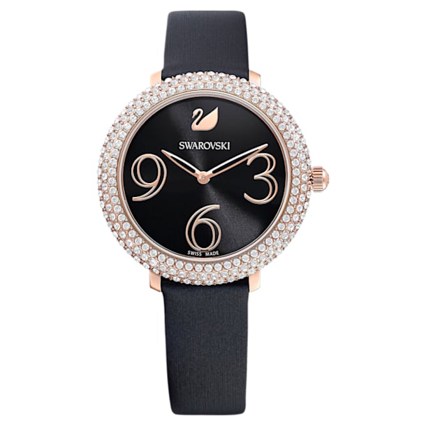 Crystal Frost watch, Leather strap, Black, Rose gold-tone finish - Swarovski, 5484058