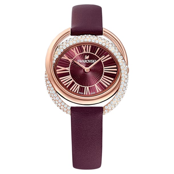 Duo watch, Leather strap, Red, Rose gold-tone finish - Swarovski, 5484379