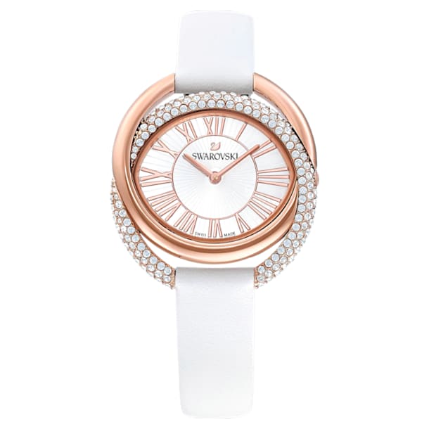 Duo 手錶, 真皮錶帶, 白色, 玫瑰金色潤飾 - Swarovski, 5484385