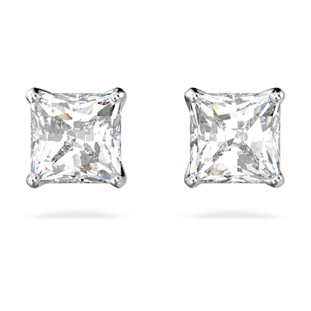 Attract stud earrings, Square cut crystal, Small, White, Rhodium plated - Swarovski, 5509936