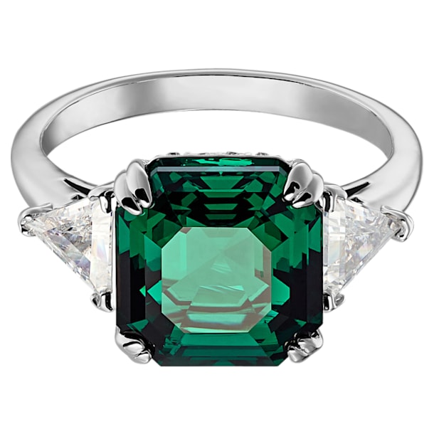 Attract Trilogy cocktail ring, Square cut crystal, Green, Rhodium plated - Swarovski, 5515713