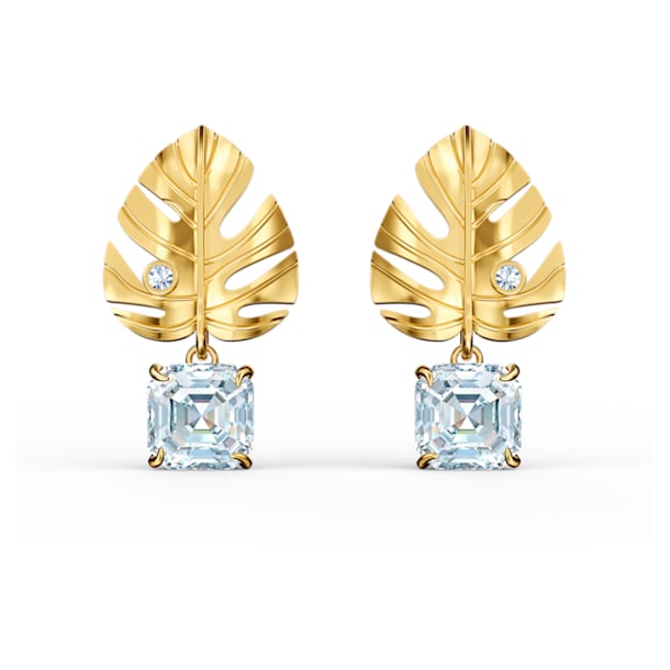 Tropical Leaf Pierced Earrings, White, Gold-tone plated - Swarovski, 5519253