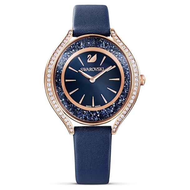 Crystalline Aura Часы, Кожаный ремешок, Синий кристалл, PVD-покрытие оттенка розового золота - Swarovski, 5519447